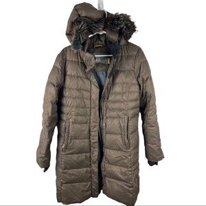 Lole Kids Long Duck Down Puffer Coat Faux Fur Trim Hood Taupe sz L